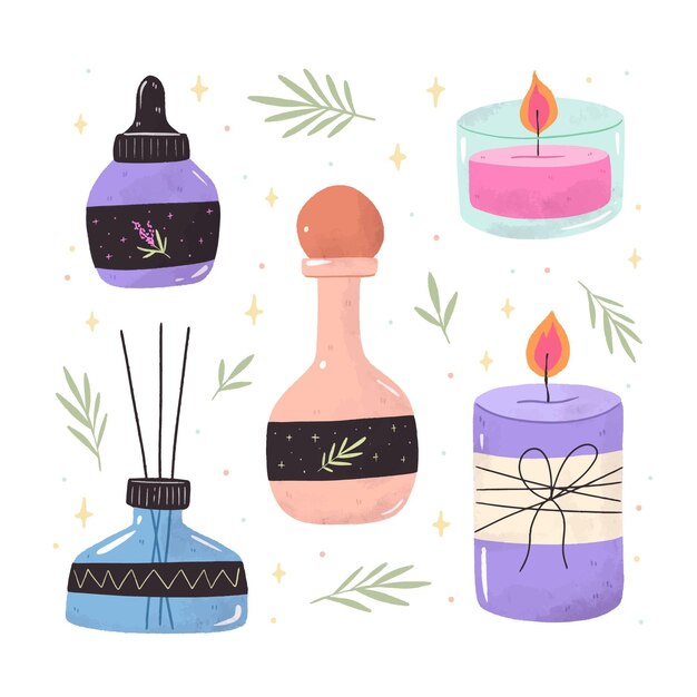 Colección de elementos de aromaterapia dibujados a mano.