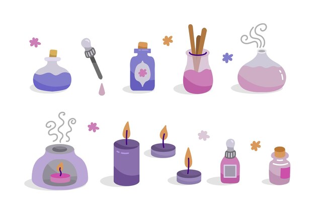 Colección de elementos de aromaterapia dibujados
