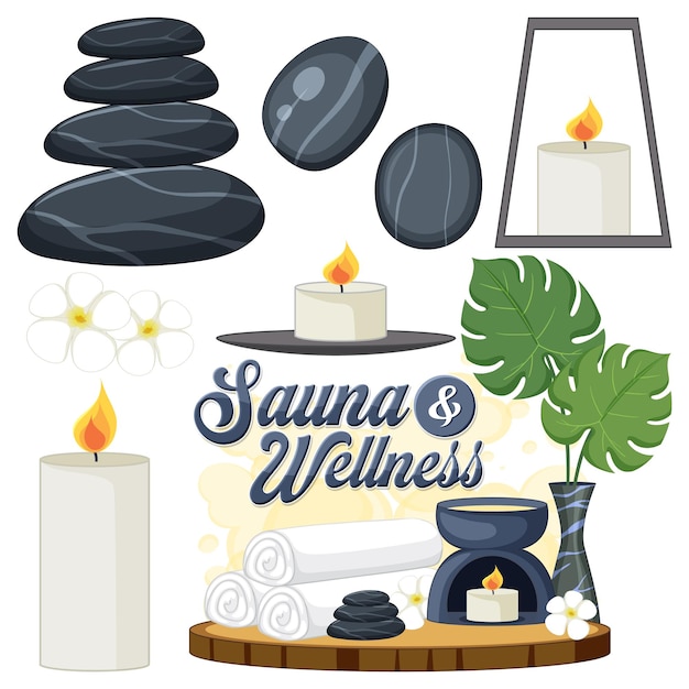Colección de elementos de autocuidado de spa y sauna
