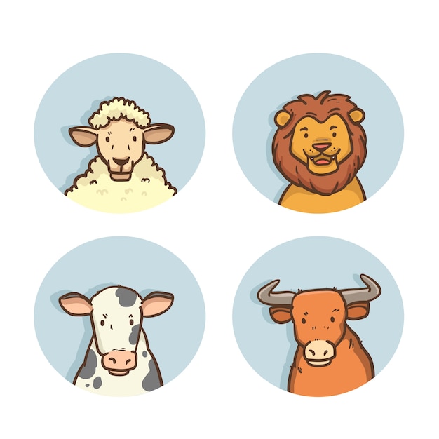 Colección de elementos de avatares de animales dibujados a mano