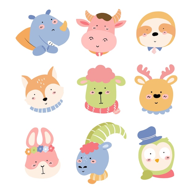 Colección de elementos de avatares de animales dibujados a mano