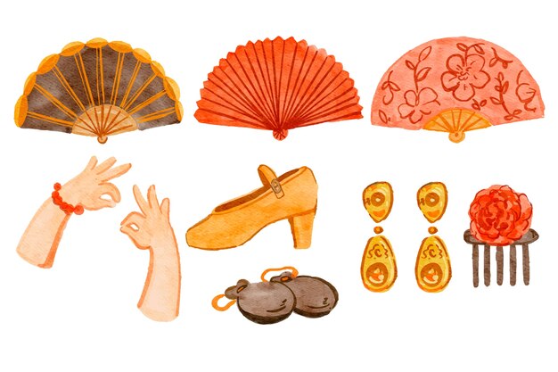 Colección de elementos de baile flamenco en acuarela