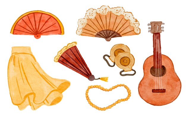 Colección de elementos de baile flamenco en acuarela