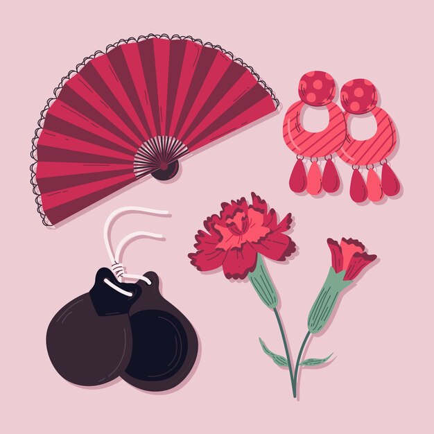 Colección de elementos de baile flamenco dibujados a mano