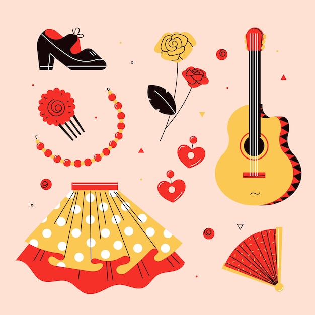 Colección de elementos de baile flamenco dibujados a mano