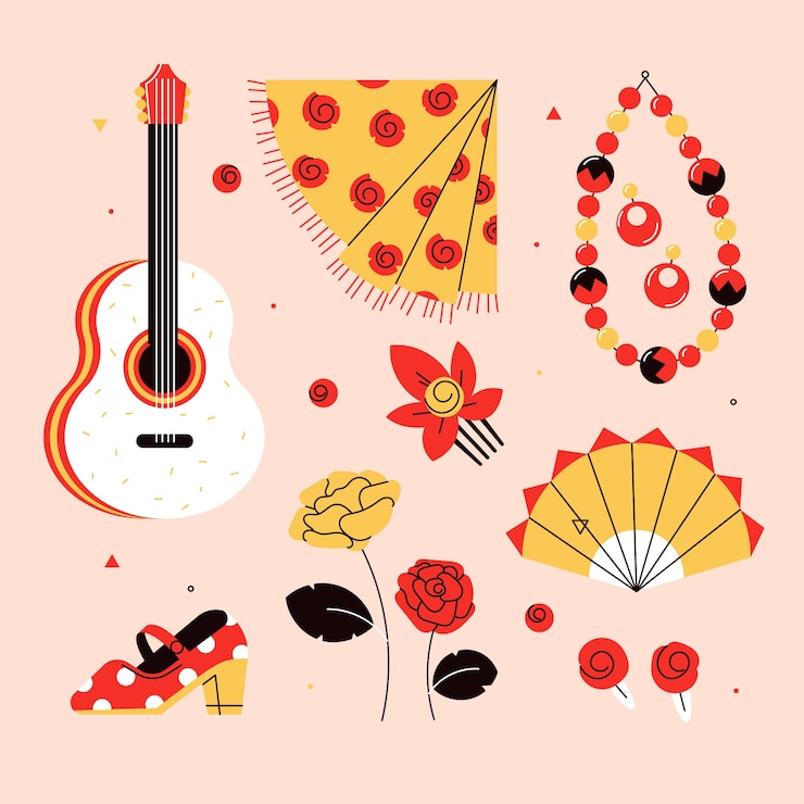 Vector gratuito colección de elementos de baile flamenco dibujados a mano