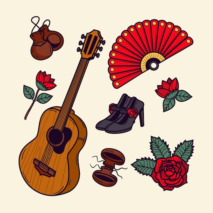 Vector gratuito colección de elementos de baile flamenco dibujados a mano