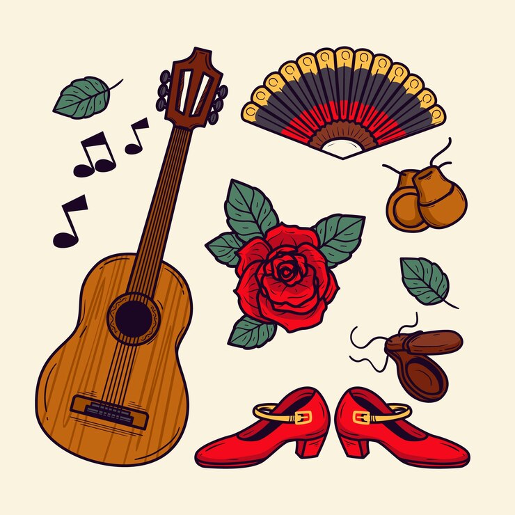 Vector gratuito colección de elementos de baile flamenco dibujados a mano