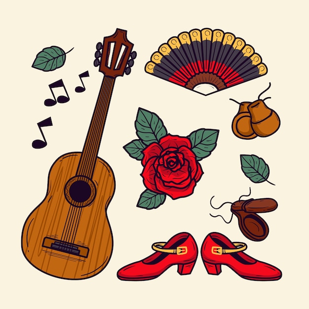 Colección de elementos de baile flamenco dibujados a mano