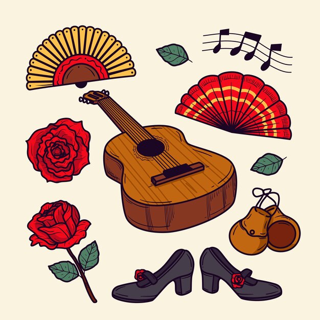 Colección de elementos de baile flamenco dibujados a mano