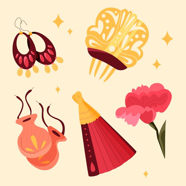 Colección de elementos de baile flamenco dibujados a mano