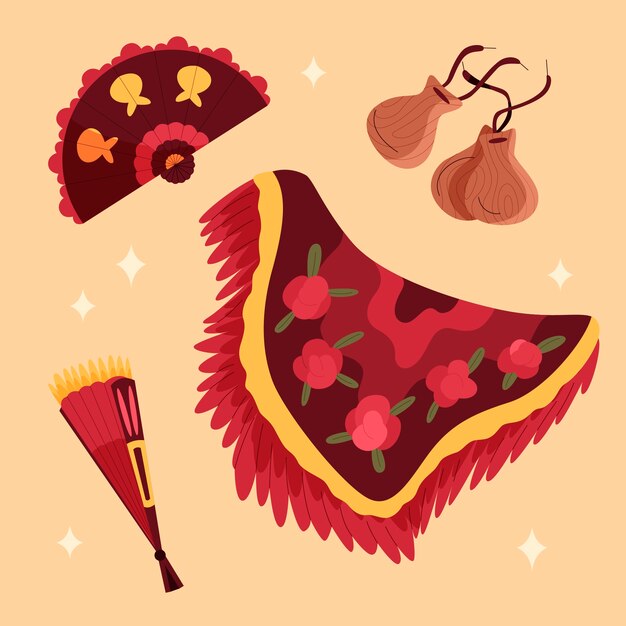 Colección de elementos de baile flamenco dibujados a mano