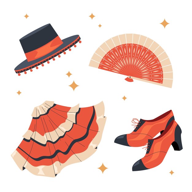 Colección de elementos de baile flamenco dibujados a mano