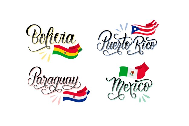 Colección de elementos de banderas de américa del sur dibujadas a mano