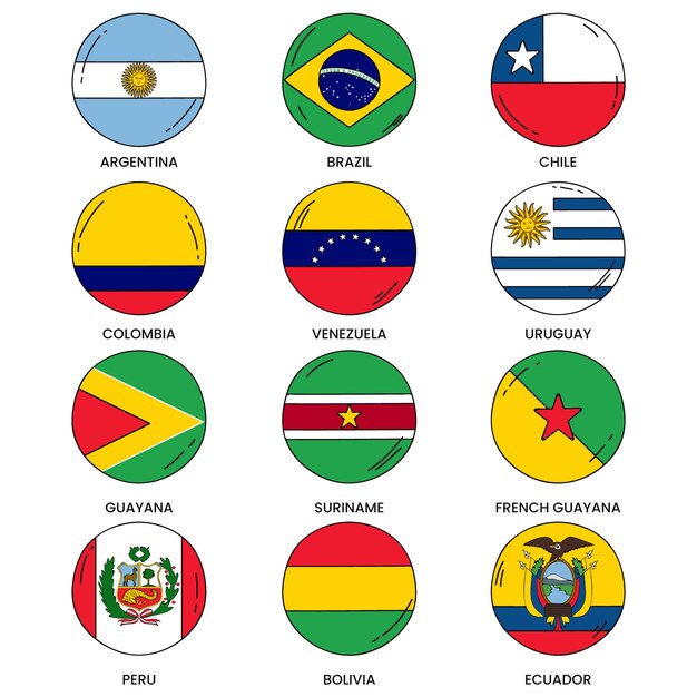 Colección de elementos de banderas de américa del sur de diseño plano