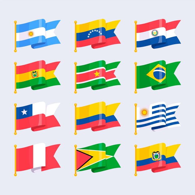 Colección de elementos de banderas de américa del sur de diseño plano
