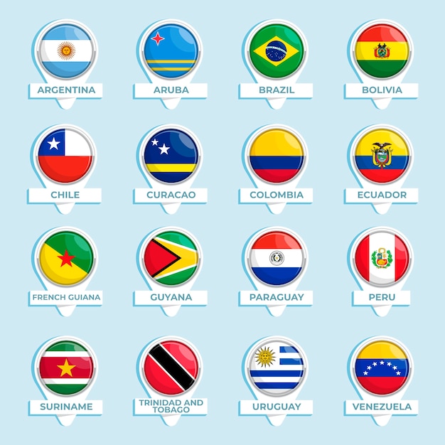 Colección de elementos de banderas de américa del sur de diseño plano