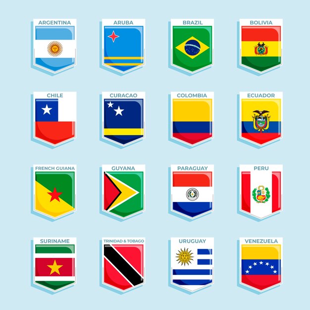 Colección de elementos de banderas de américa del sur de diseño plano