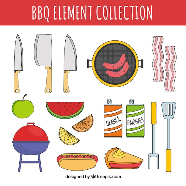 Vector gratuito colección de elementos de barbacoa dibujados a mano