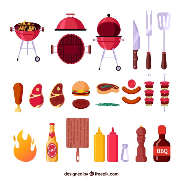 Colección de elementos de barbacoa en diseño plano