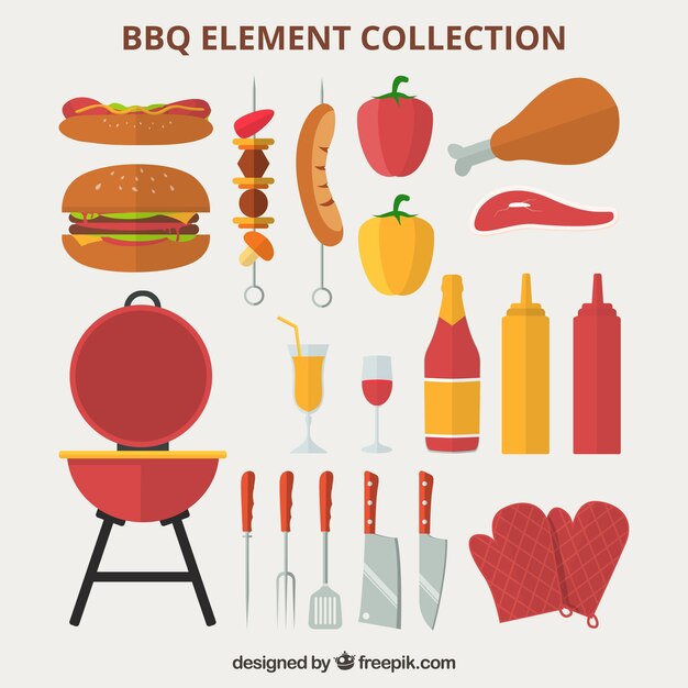 Colección de elementos de barbacoa en diseño plano