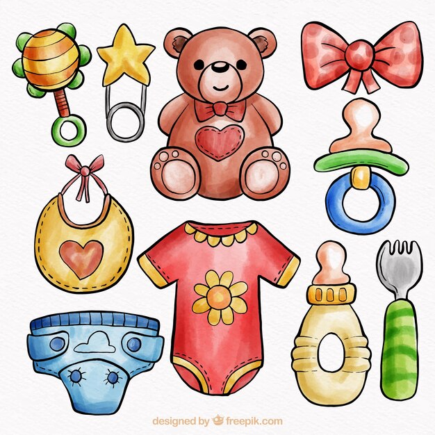 Colección de elementos de bebé en estilo acuarela