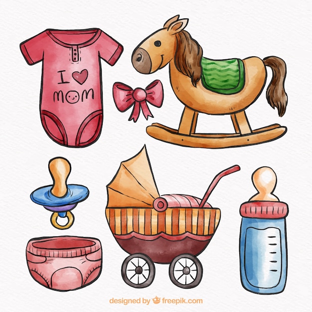 Colección de elementos de bebé en estilo acuarela
