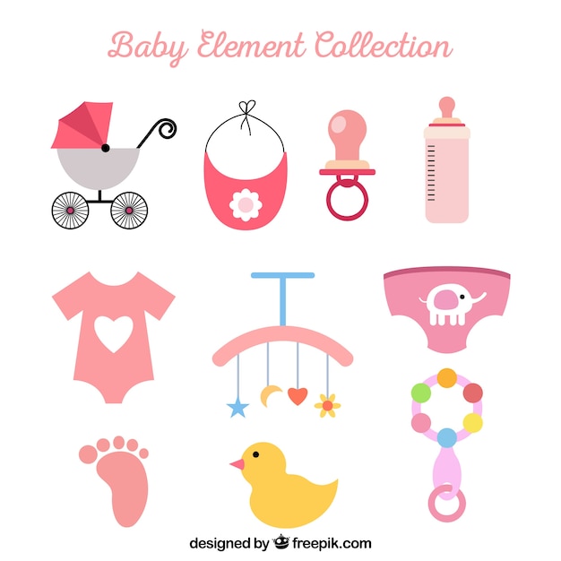 Colección de elementos de bebé en estilo plano