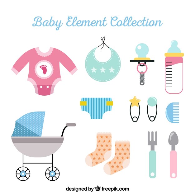 Colección de elementos de bebé en estilo plano
