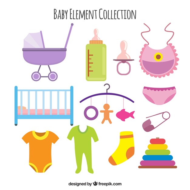 Colección de elementos de bebé en estilo plano