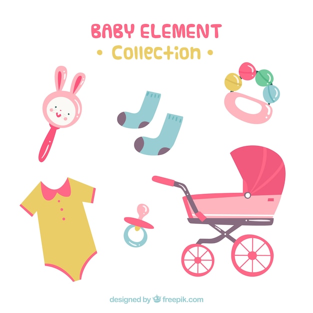 Colección de elementos de bebé en estilo plano