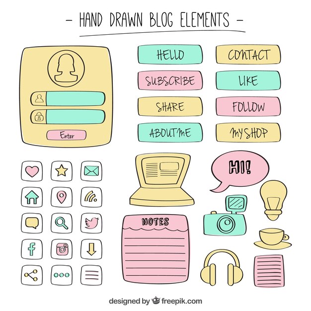 Colección de elementos de blog dibujados a mano 