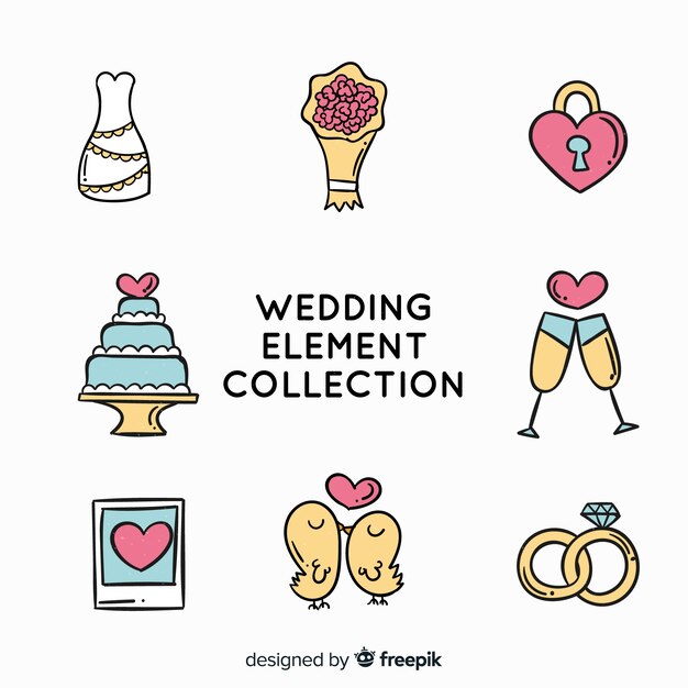 Colección de elementos de boda dibujados a mano