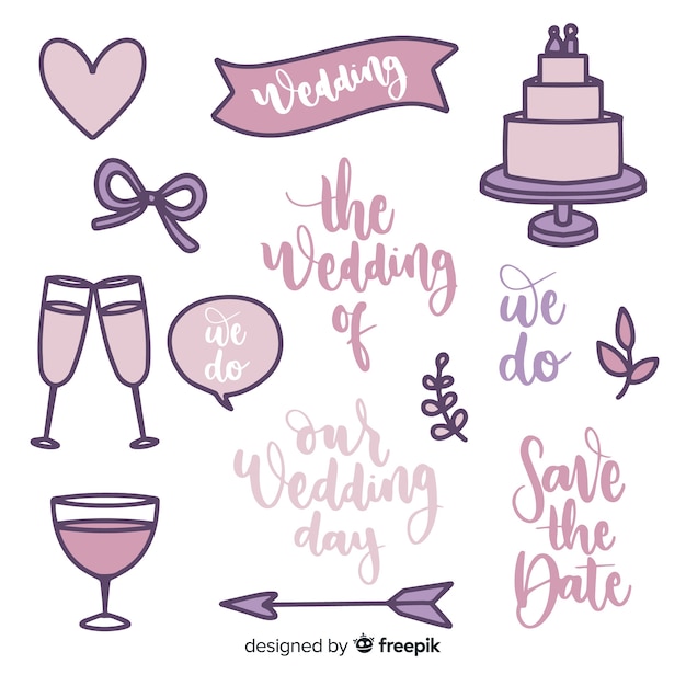 Colección de elementos de boda dibujados a mano