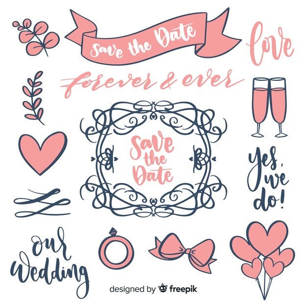 Colección de elementos de boda dibujados a mano