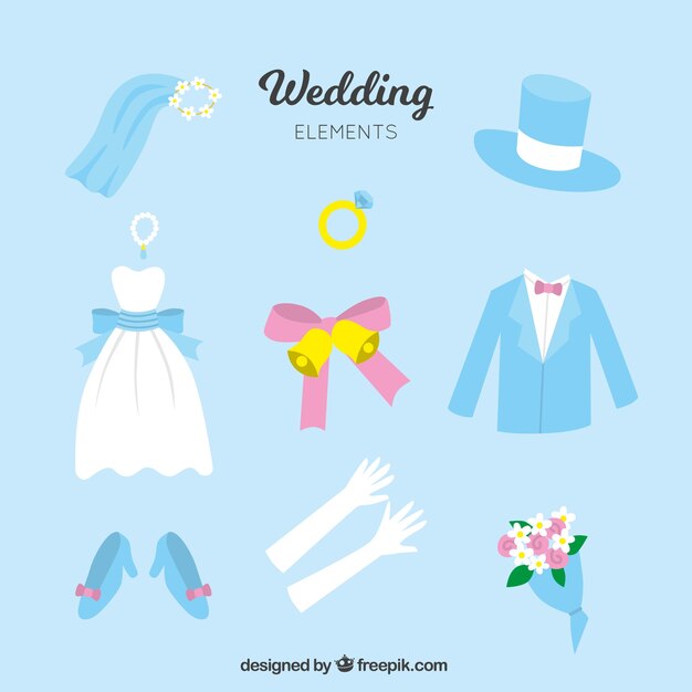 Colección de elementos de boda con diseño azul