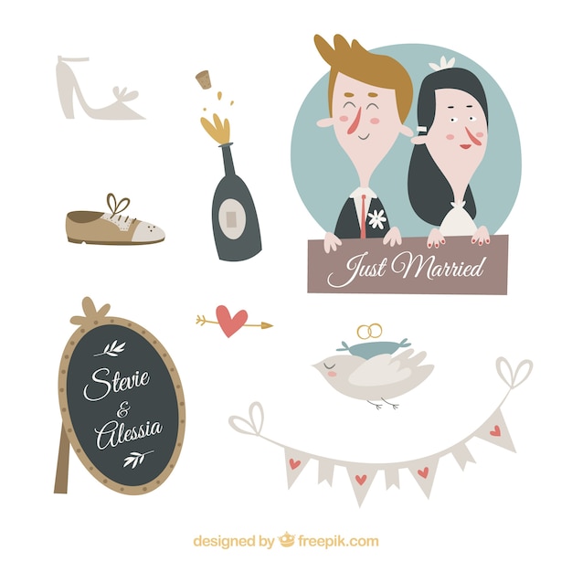 Colección de elementos de boda con diseño de dibujos