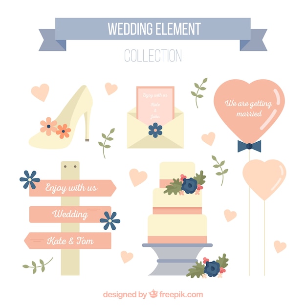 Colección elementos de boda con diseño plano