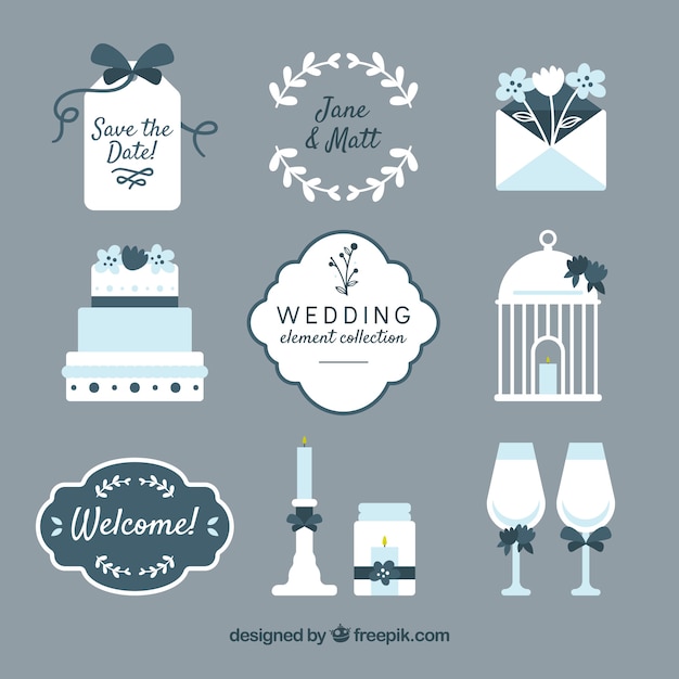 Colección elementos de boda con diseño plano