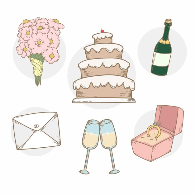 Colección de elementos de boda con tarta y champán