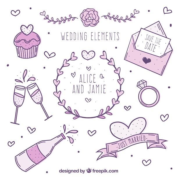 Colección de elementos de boda en tonos morados