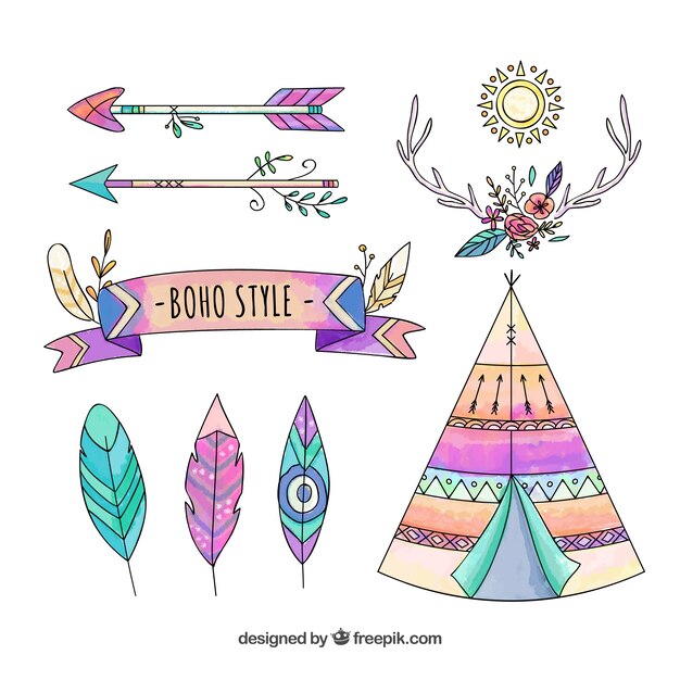 Colección de elementos boho de acuarela