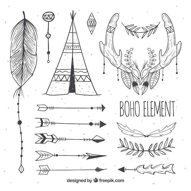 Colección de elementos boho dibujados a mano