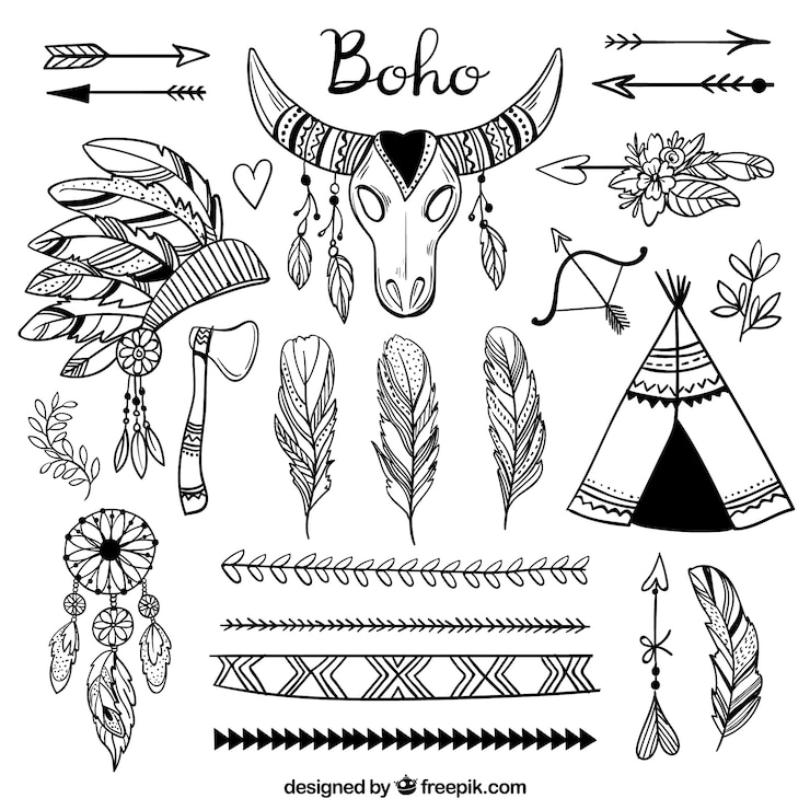 Vector gratuito colección de elementos boho dibujados a mano