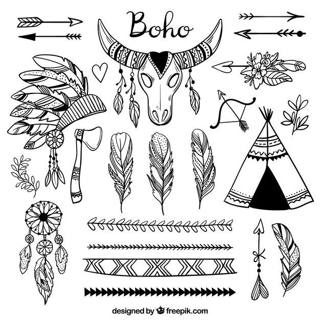 Colección de elementos boho dibujados a mano