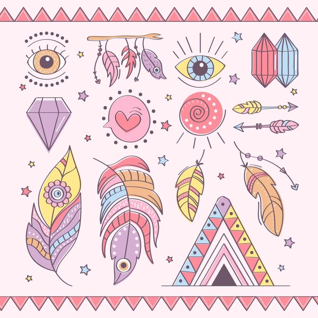 Colección de elementos boho dibujados a mano