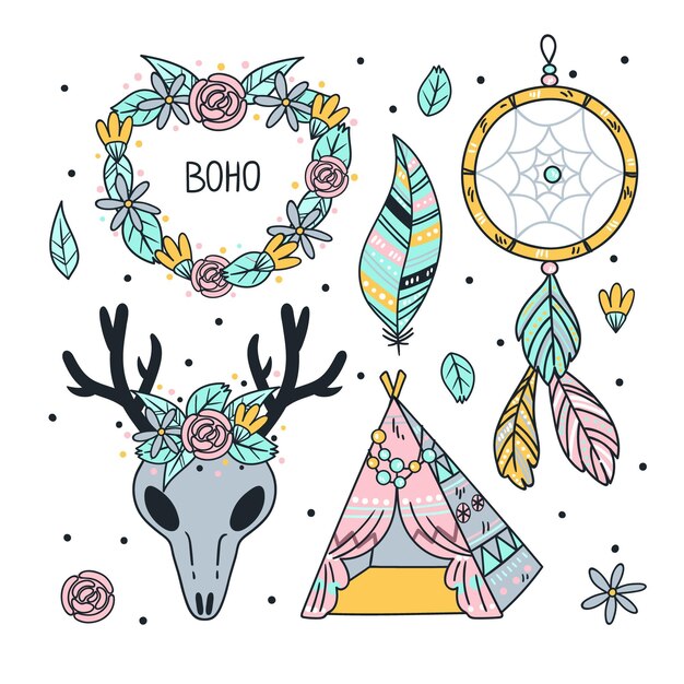 Colección elementos boho dibujados a mano