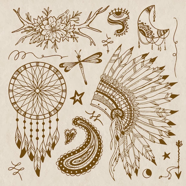 Colección de elementos boho dibujados a mano