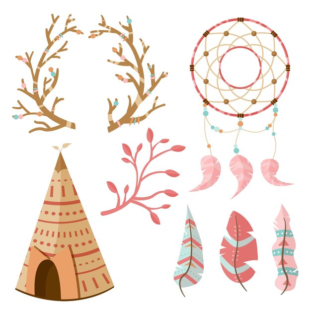 Colección de elementos boho de diseño plano