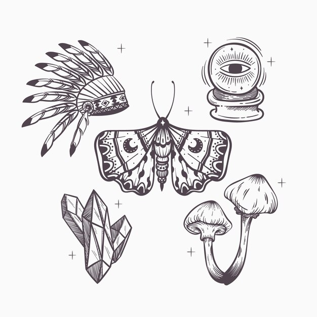 Colección de elementos boho estilo dibujado a mano